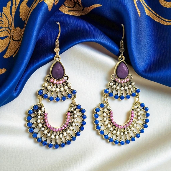 🆕️ Boho Chic Bold Beaded Chandelier Earrings Blue Pink Purple Statement Style - Picture 9 of 13